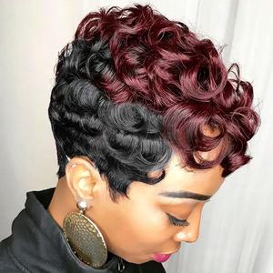 MOONSHOW Short Wigs for Black Women Ombre Wine Red Color Curly Wigs Short Black and Burgundy Pixie Cut Wigs for Black Women 1B/99J Short Layered Hair Pixie Cut Wigs for Women(Ombre Burgundy)