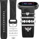 Wildflower Engraved Bands Compatible with Fitbit Sense 2, Versa 4/3, Sense Band with Charms, Soft Silicone Replacement Wristbands Strap with Cute Decorative Rings Accessories for Women