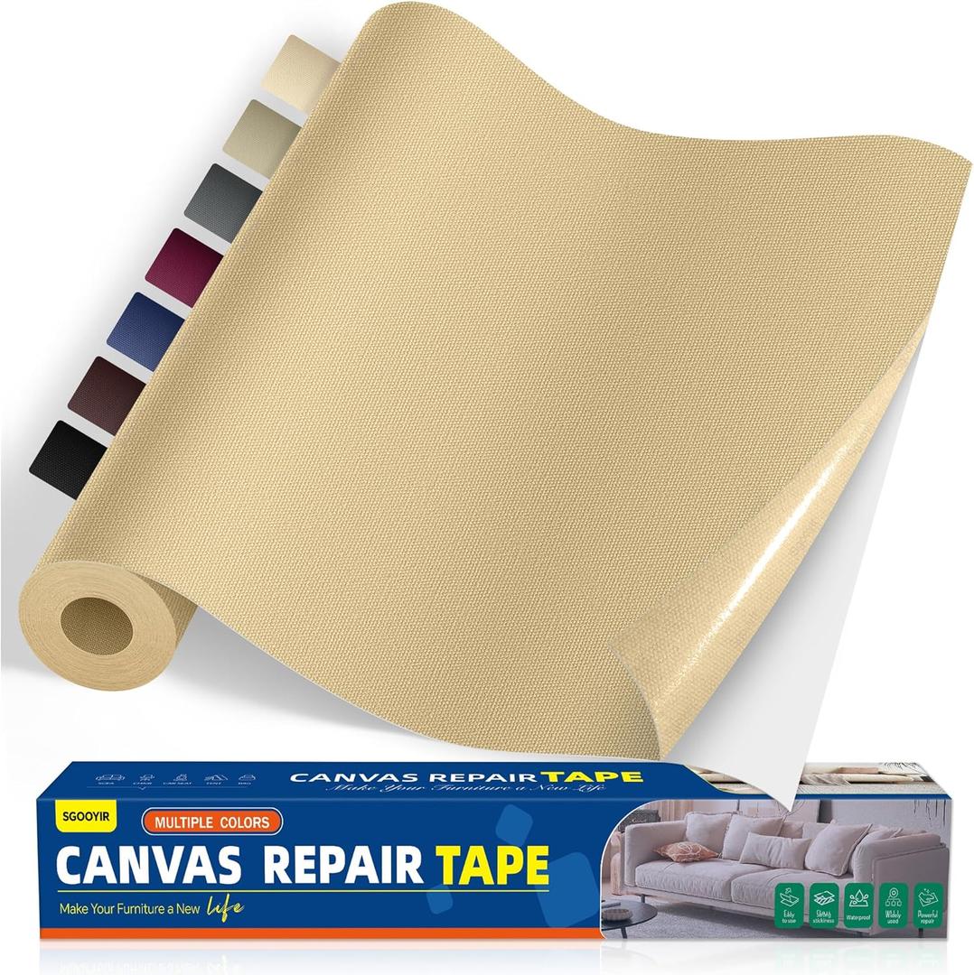 Self-Adhesive Canvas Repair Tape, 16" x 40" Waterproof Canvas Repair Patch, Fabric Patch Repairs Kit for Furniture, Tents, Sunbrellas, Boat Covers Awnings, Couches, Clothes, Bags Beige