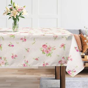 Pink Floral Tablecloth Waterproof, Beige Table Cloth Rectangle Stain Resistant, Washable Table Cover for Home Kitchen Dining Party Decoration (6084 inch)