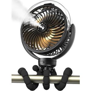 Misting Stroller Fan, 6000mAh Battery Operated Portable Fan with Light & 360° Pivoting, Personal Fans with Flexible Tripod for Baby, Office, Travel,Treadmill,Outdoors
