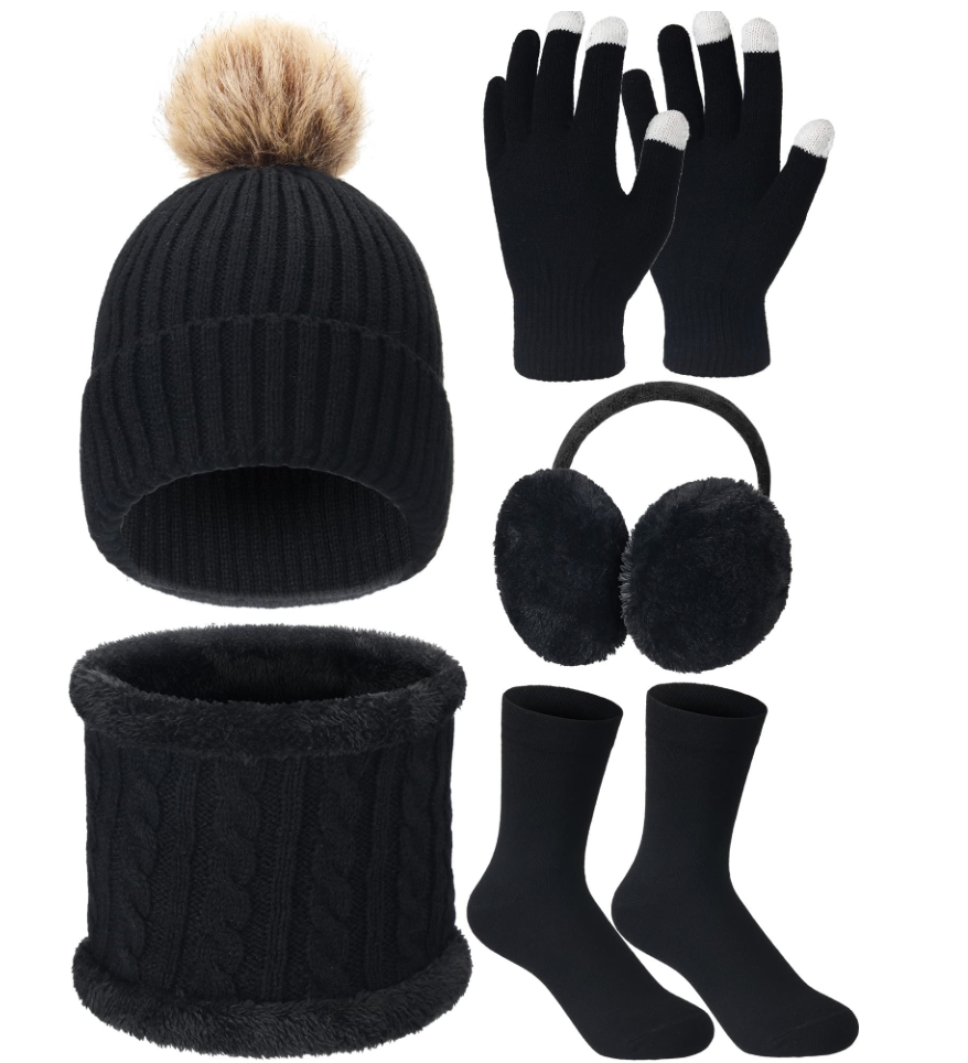5 - Pieces Cute Winter Beanie Hat Neck Warmer gloves set Women Touchscreen Thick Scarf Skull Caps Set for Cold Weather