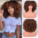 Afro Wigs for Black Women Kinky Curly Hair Wig about 280g/Piece Afro Synthetic Full Wigs Soft and Fluffy Like a Bomb 12 Inches Short Kinky Curly Hair (Ombre Brown)
