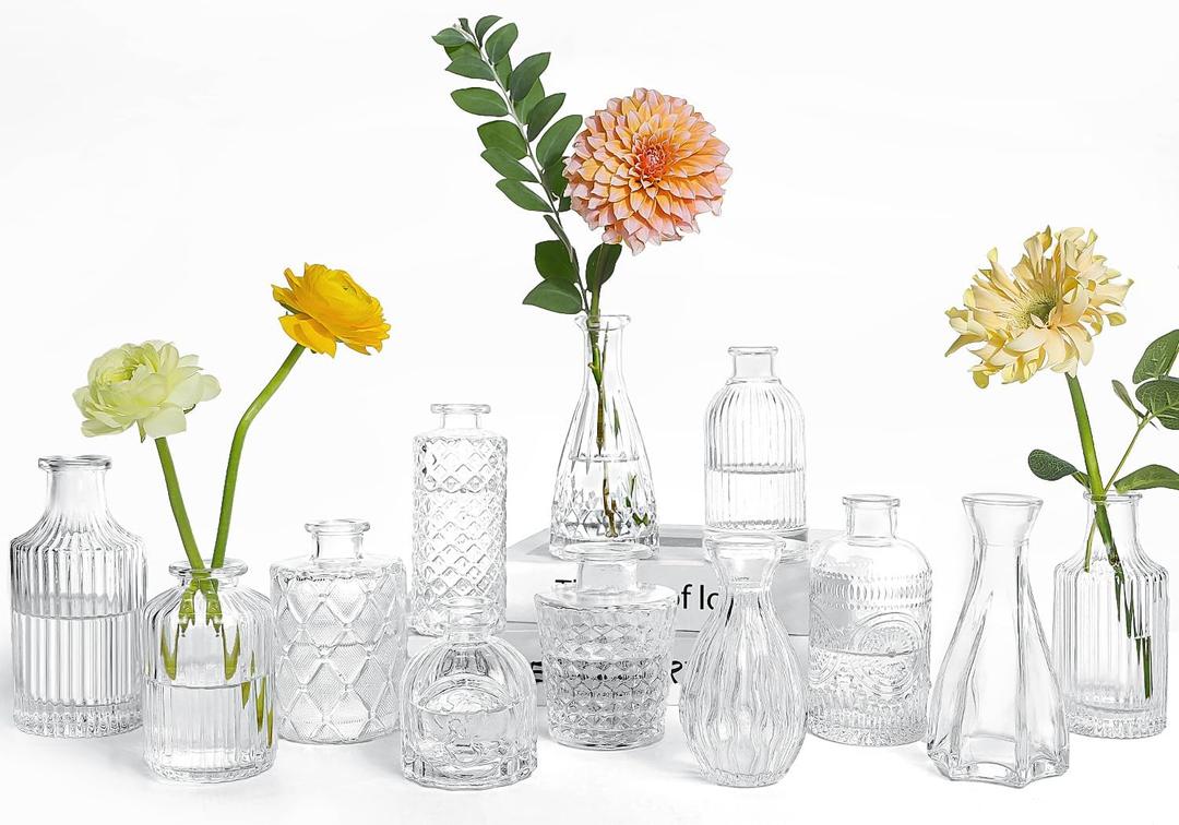UPBUD Clear Glass Bud Vases Set of 12, Mini Flower Vase for Centerpieces, Small Vases in Bulk for Wedding Decorations, Vintage Vase for Baby Shower, Party, Recepetion, Home Table Dcor