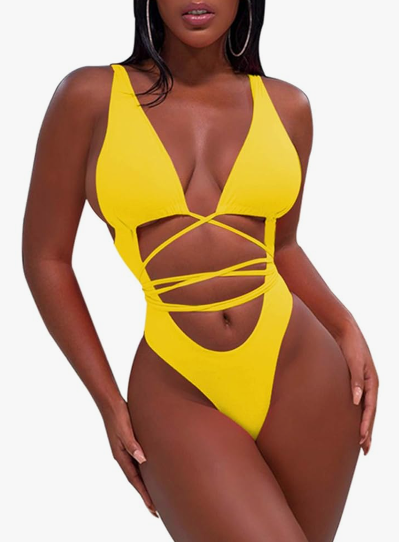 Sovoyontee 2025 Women's Sexy Cheeky One Piece Swimsuits High Cut Thong Bikini Bathing Suit Monokini Size L