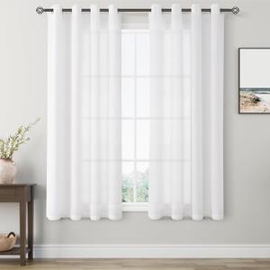 White Linen Curtains 63 inch Length for Dining Room 2 Panels Set Grommet Short Kitchen Window Curtains Rustic Linen Textured Semi Sheer Light Filtering Short Curtain for Basement Bathroom 52x63
