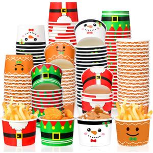 100 Pack Christmas Party Snack Cups 8oz Disposable Ice Cream Dessert Soup Bowls with Santa Snowman Gingerbread Designs, Holiday Paper Cups for Hot Cold Food, Xmas Party Decorations Supplies