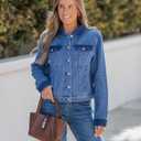 Luvamia Jean Jacket Women Trendy Texture Distressed Button Down Long Sleeves Casual Trucker Denim Jackets with Pockets (Blue, M)