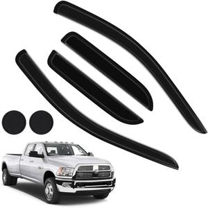 Rain Guards for Dodge Ram 1500 2002-2008 + Dodge Ram 2500 3500 Quad Cab 2003-2009, Tape-on Side Window Deflectors for Ram, Window Visors for Trucks, Car Accessories 4 Rain Guards ＆ 2 Car Coasters