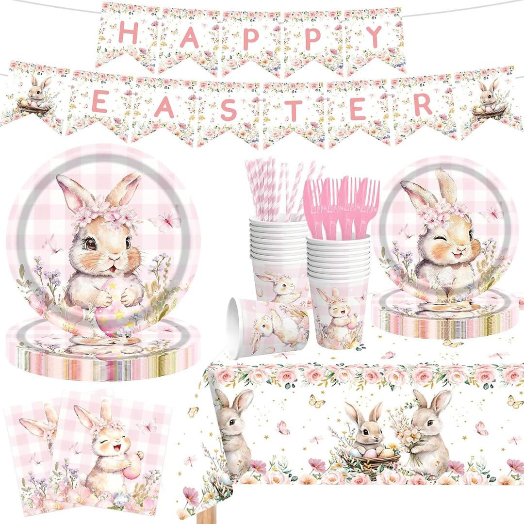 142 Pcs Happy Easter Plates and Napkins Easter Party Decorations with Banner and Tablecloth Pink Gingham Cute Bunny Spring Floral Disposable Dinnerware Set for Spring Celebration Holiday Brunch