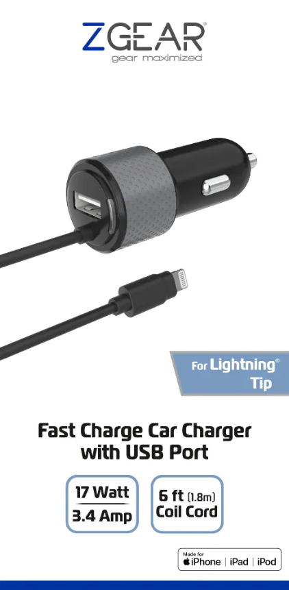 ZGear® Dual Output Lightning Car Charger with USB Port for iPhone 5, 6 ft