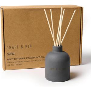 Craft & Kin Reed Diffuser for Home & Bathroom  Santal Woods Holiday Reed Diffuser Set with Fragrance Sticks, Long-Lasting Alcohol-Free Winter Scent, Earthenware Collection, 6.7oz