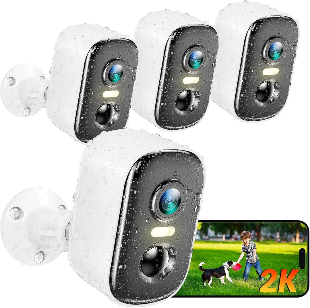 Outdoor Security Camera Wireless, 2K Battery Powered WiFi Cameras for Home Security with AI Motion Detection, Color Night Vision, Siren Alarm, 2-Way Talk, IP66 Waterproof, Cloud/SD Storage (4 Pack) (White)