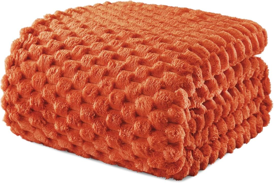 Exclusivo Mezcla Twin Size Fleece Blanket for Bed, 60x80 Inches Stylish Jacquard Velvet Soft Blanket, Fuzzy Cozy Lightweight for Winter, Burnt Orange