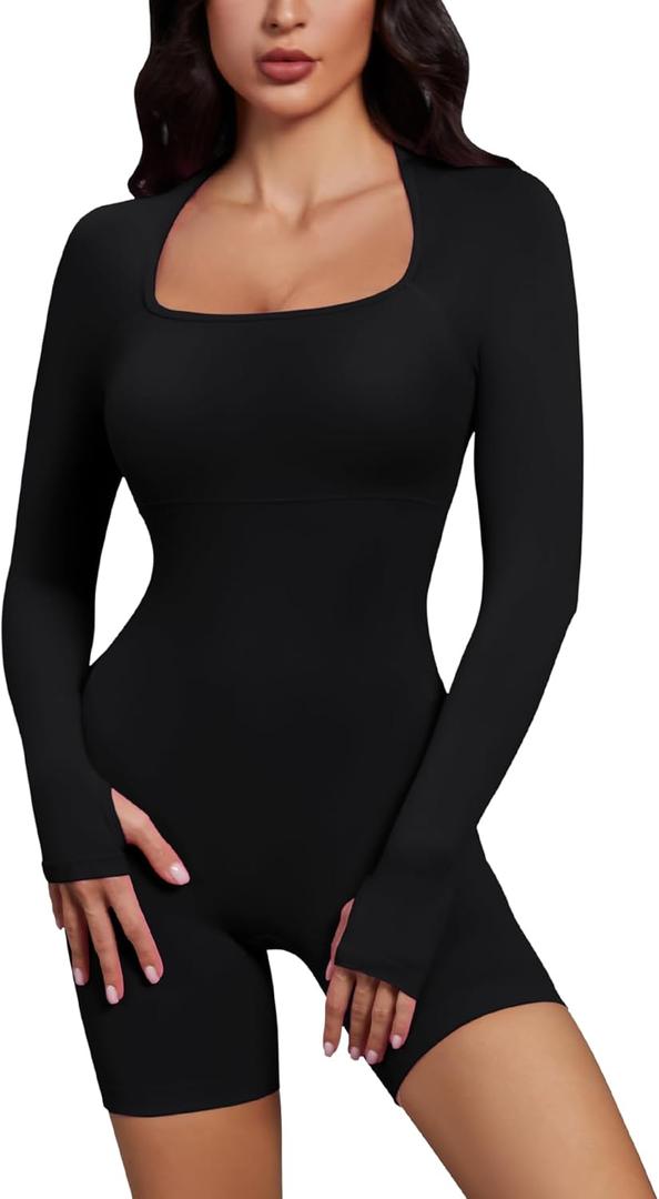 Micoson Women's Yoga Rompers Square Neck Long Sleeve Shorts Jumpsuit Bodycon Stretch Workout Built-in Bra (Black)