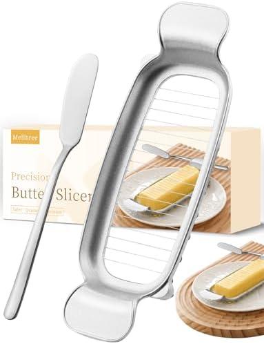 Mellbree Upgrade Butter & Cheese Slicer, Stainless Steel Butter Cutter with Butter Knife, 17 Sharp Wires, Butter Slicer Cutter Into Uniform 1/4 Inch Anti oxidation Dishwasher Safe