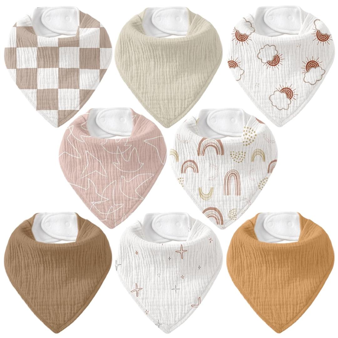 Muslin Baby Bibs 8 Pack, Baby Bandana Drool Bib for Drooling and Teething, Cotton Soft Absorbent for Girls Boys Good Night (Brown Rainbow)