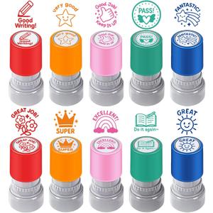 10PCS Round Teacher Stamps for Classroom-No Ink, Self-Inking Rubber Stamp for Grading Homework Behavior Stamp for Office Stationery Cute Encouraging Comments Reward Supplies
