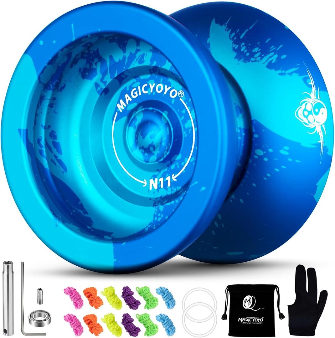MAGICYOYO N11 Pro Metal Unresponsive Yoyo - Dual Purpose Trick Yo-Yo for Adults & Pros, Advanced Yoyo Ball with String Kit (Blue Splash)