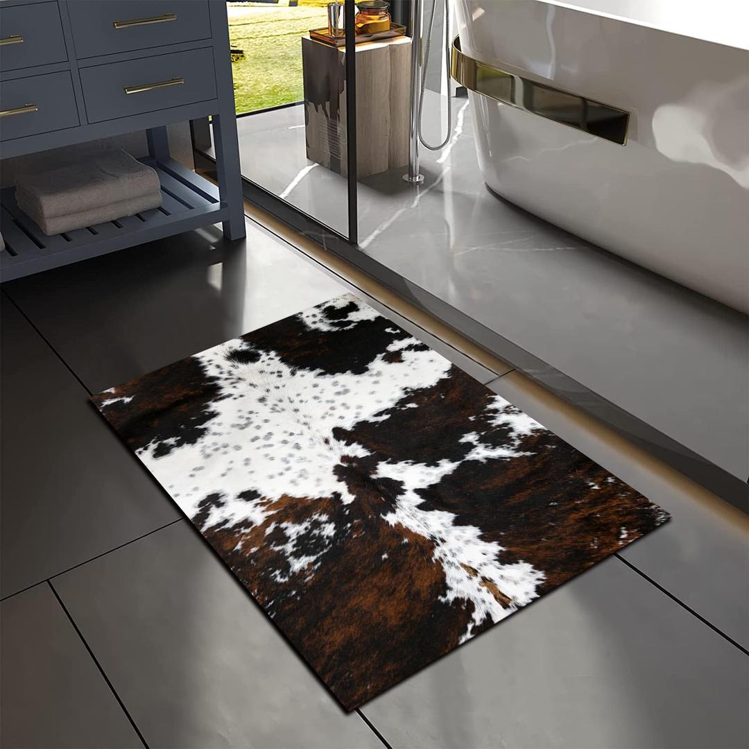 MUGINYU Western Cowhide Cow Print Bath Mat, Farmhouse Cowboy Decor Western Bathroom Rug Quick Dry Absorbent Non-Slip Bathroom Rugs Thin fit Under Door Floor Mats 16"*24" W*L