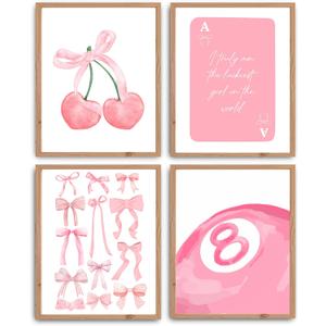 3 x Pink Coquette Trendy Preppy Wall Art Prints, Pink Bow Disco 8 Ball Cherry Wall Decor Posters for Girls Bedroom Dorm 11 X 14 Inch(UNFRAMED) (Black)