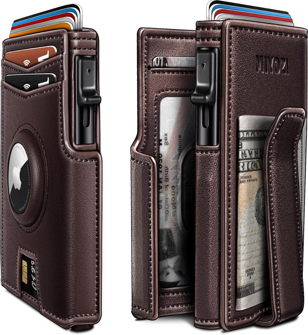 miyozi Airtag Wallet for Men,with Money Clip 10 Cards Metal Case Smart Slim Pop Up Credit Card Holder Flip with Magnetic Closure RFID Blocking wallet with Gift Box (Burgundy004)