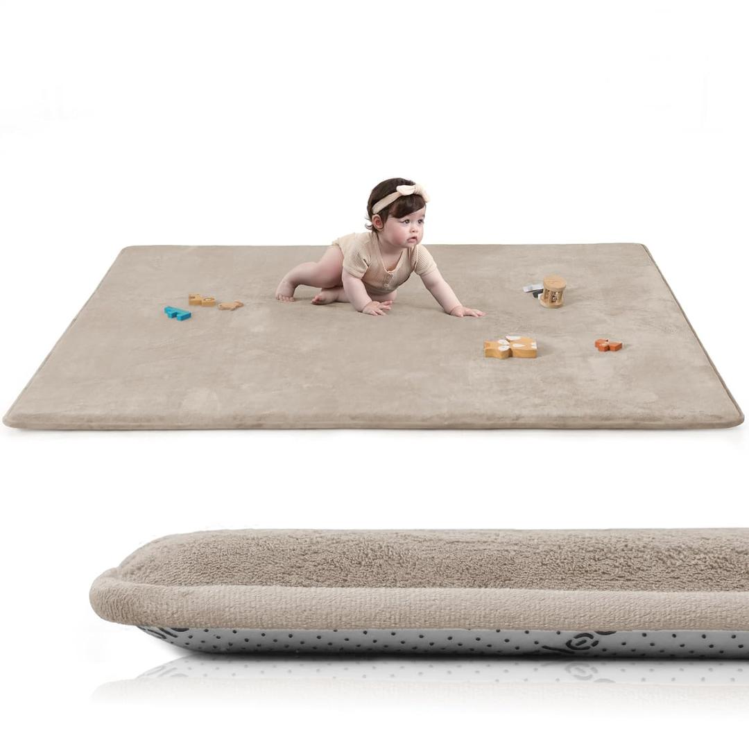 Baby Play Mat for Floor,1.3" Thick Elasti-Foam 50"74" Playpen Mat for Tummy Time,Water Repellent Soft Coral Velvet for Toddler,Infant,Kids,Non-Slip Backing Safe for Crawling(Beige)