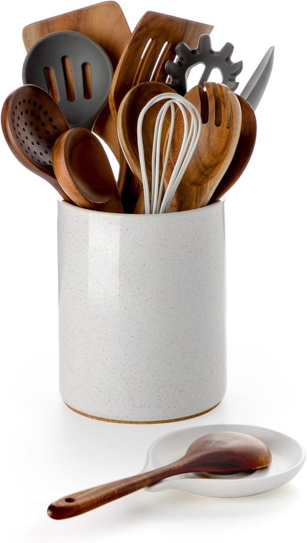Nucookery Utensil Holder with Spoon Rest, 6.4'' Large Ceramic Kitchen Utensil Crock, Heavyweight Countertop Organizer Holds 1015 Utensils, Easy Clean, Non-Slip Cork Base