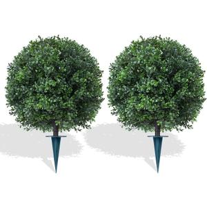 Artificial Boxwood Topiary Trees with Ground Spike,2 Pieces Fake Pine Shrubs Bushes, UV Resistant Faux Evergreen Cypress Tree Plants for Indoor Outdoor Planters Front Porch
