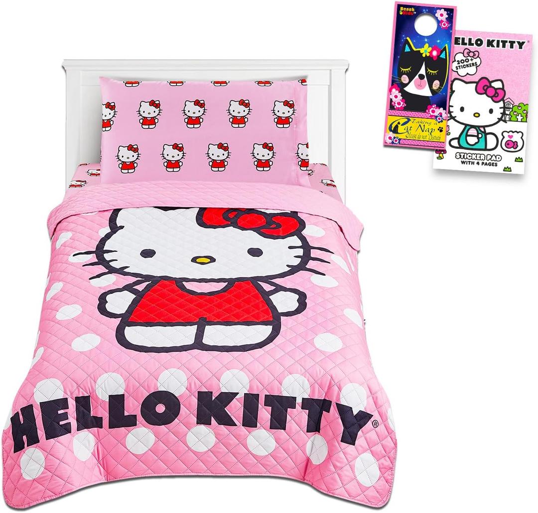 Hello Kitty Sheet Set - Bundle of Bedding with Bedspread, Flat Sheet, Fitted Sheet, and Pillowcase for Twin Bed, More | Bedroom Decor