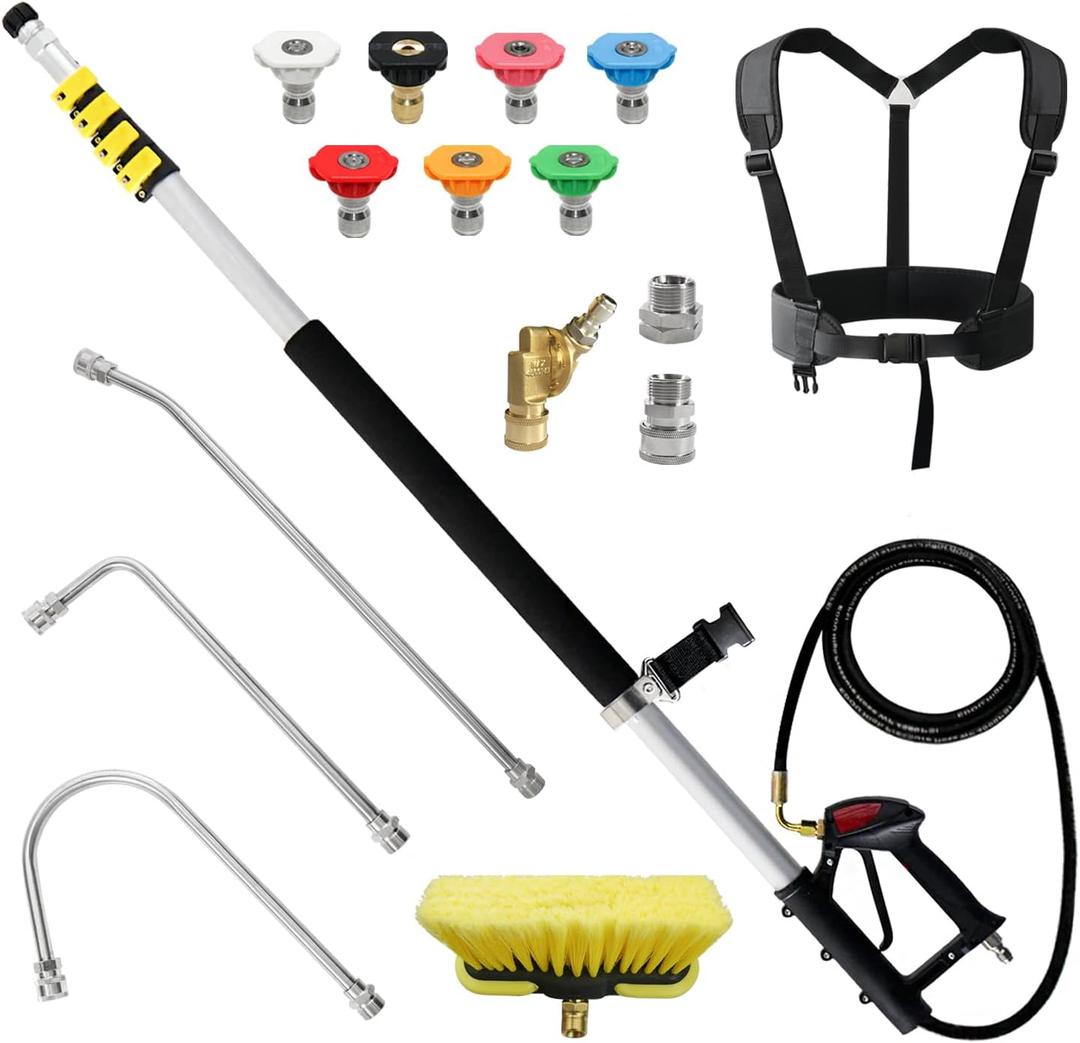 Janz 24 FT, Aluminum Telescoping Pressure Washer Wand with 2 Pressure Washer Extension Wands,Gutter Cleaner Attachment, 7 Spray Nozzle Tips, 2 Hose Inlet Adapters, Pivoting Coupler and Support Harness