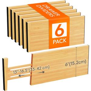 Lifewit 6" High 6 Pack Bamboo Drawer Dividers 33-42cm/13-16.5" Adjustable Wooden Drawer Organizer for Clothes/Utensils, Expandable Drawer Separator for Dresser/Kitchen/Bedroom/Office Organization