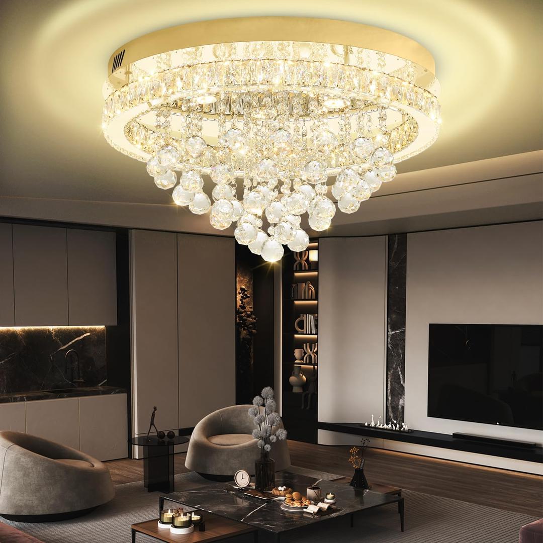 Flashing God 24" Modern Crystal Chandeliers for Dining Room Gold Ceiling Chandelier Flush Mount Crystal Ceiling Light for Bedroom Living Room Hallway, Dia 24"