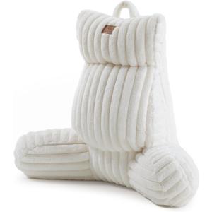 Amlie Home Faux Fur Reading Pillow with Pocket for Sitting in Bed, Adult Backrest Bed Pillow with Washable Cover for Lounging, Watching TV/Gaming/Resting/Post/Surgery/Nursing, Ivory, 29 inches