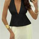 MakeMeChic Women's Y2K Halter Embroidery Tank Top Party Tie Backless Deep V Neck Cami Top (Black, M)