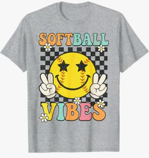 Softball Vibes Softball Smile Face Groovy Game Day Girls T-Shirt, Gray, Size L