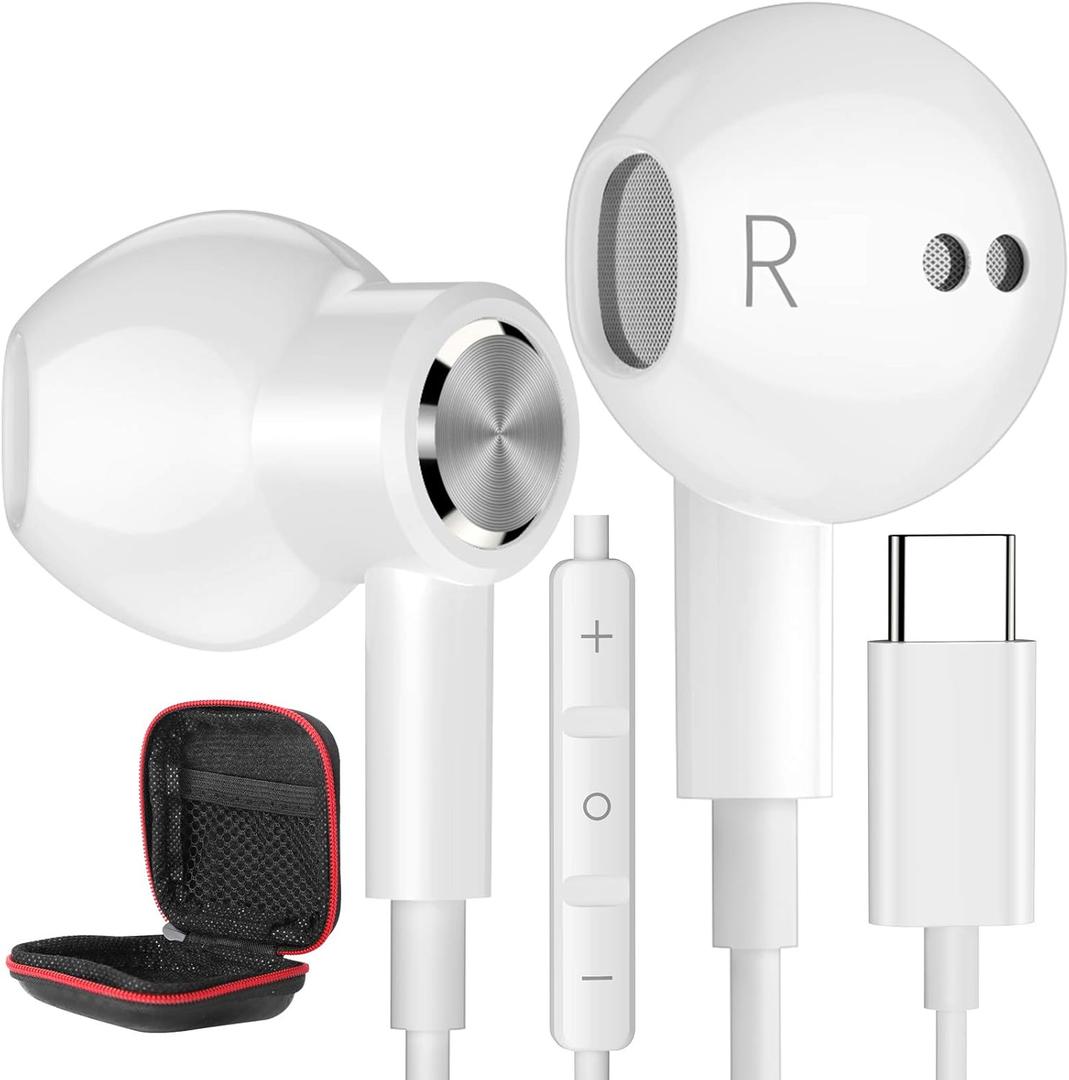 USB C Headphones Type C Earphones for Samsung Galaxy S25 Ultra S24 Plus S23 S22 S21 S20 HiFi DAC Magnetic for Apple Wired Earbuds with Microphone for iPhone 15 16 Pro Max 16e Android Pixel 9 8 7 White