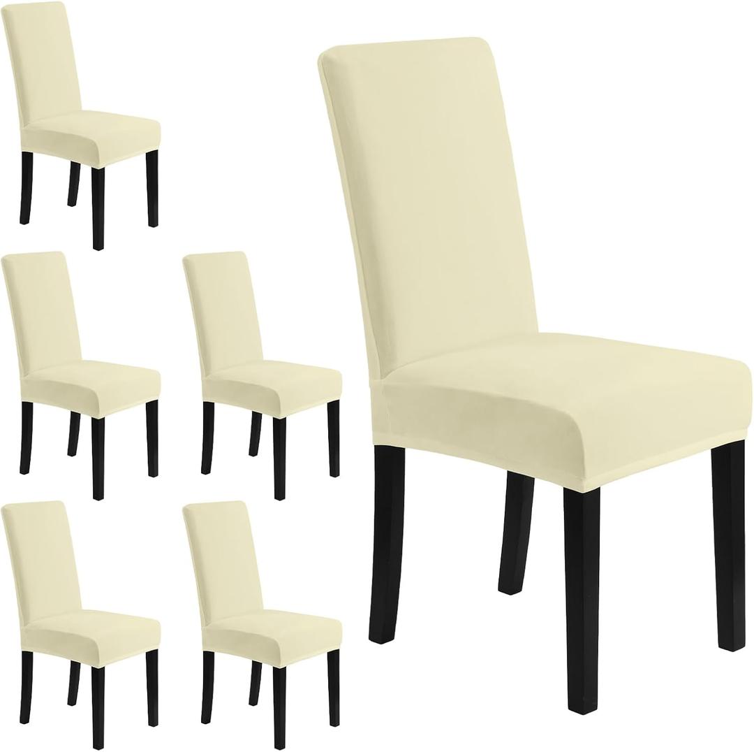 MOSAYT Velvet Stretch Chair Covers for Dining Room Set of 6 - Soft Slipcovers with Thick Removable Fabric for Parsons Chairs, Washable Seat Protectors for Kitchen, Banquet & Home Decor, Beige