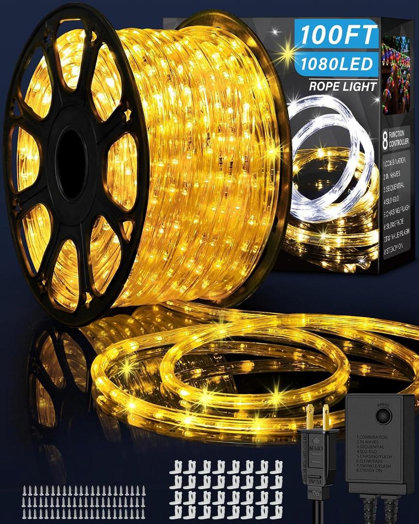 Coroor 100ft 1080 LED Rope Lights Christmas Outdoor Waterproof, Flexible Connectable Tube Lights with 8 Modes, String Lights Decorative Lighting for Garden Patio Tree Bedroom Xmas Decor(Warm White)