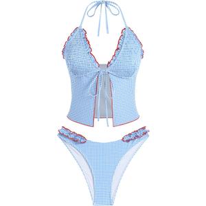 ZAFUL Tankini Swimsuits for Women Smocked Ruffles Tie Front Bowknot Textured High Cut Tanga Tankini Set (Medium, 333-sky Blue)
