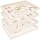 JETEHO Beige Velvet Jewelry Trays for Drawers Black Jewelrys Display Tray Stackable Jewelry Organizer Trays for Necklace Bracelet Ring Watch (4 Pack)