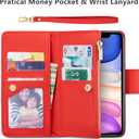 EYZUTAK Case for iPhone 11 6.1 inch, Glossy PU Leather 9 Card Slots Magnetic Closure Detachable Wrist Strap Zipper Wallet Shockproof Removable Back Cover Case - Red