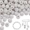 100 pcs 10mm Rhinestone Beads for Jewelry Making Crafting, White Shiny Round Disco Baseball Necklace Beads for DIY Shamballa Sparkle Crystal Clay Christmas Bracelet Earring