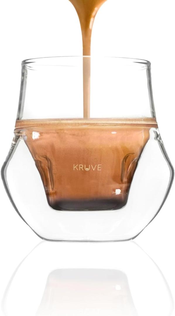 KRUVE Propel Espresso Cups, Handmade Double-Walled Glass Coffee Mugs, Clear 2.5 oz, Scientific Design for Better Tasting Coffee (Set of Two) - Unique Glass Coffee Cups with Headspace & Internal Fins