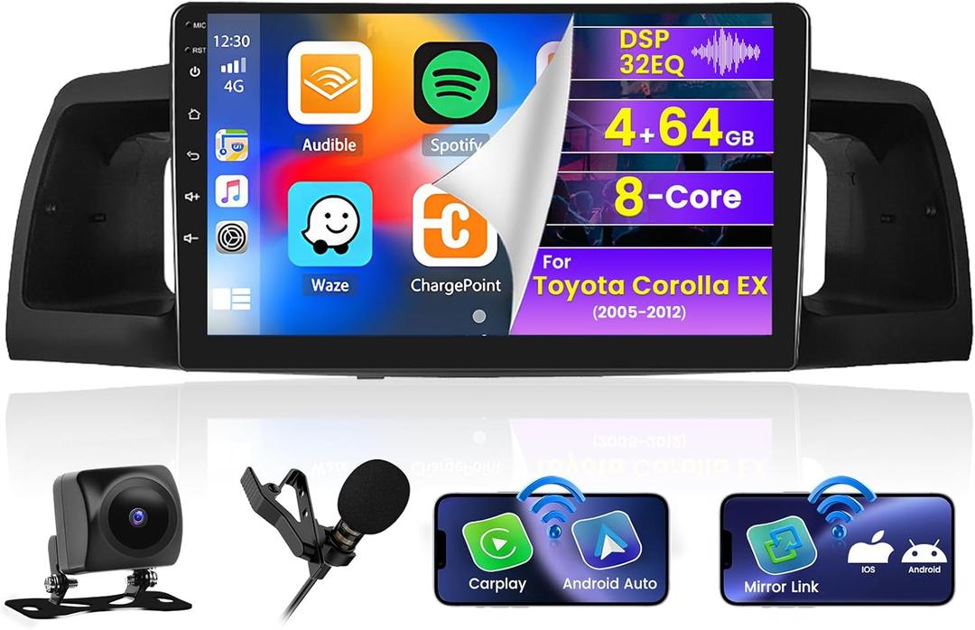 Roinvou 8 Cores 4+64G Android Radio Upgrade for Toyota Corolla EX 2005-2012, 9'' HD Touchscreen with Wireless CarPlay Android Auto GPS Navigation WiFi Backup Camera Mirror Link Bluetooth Mic RDS