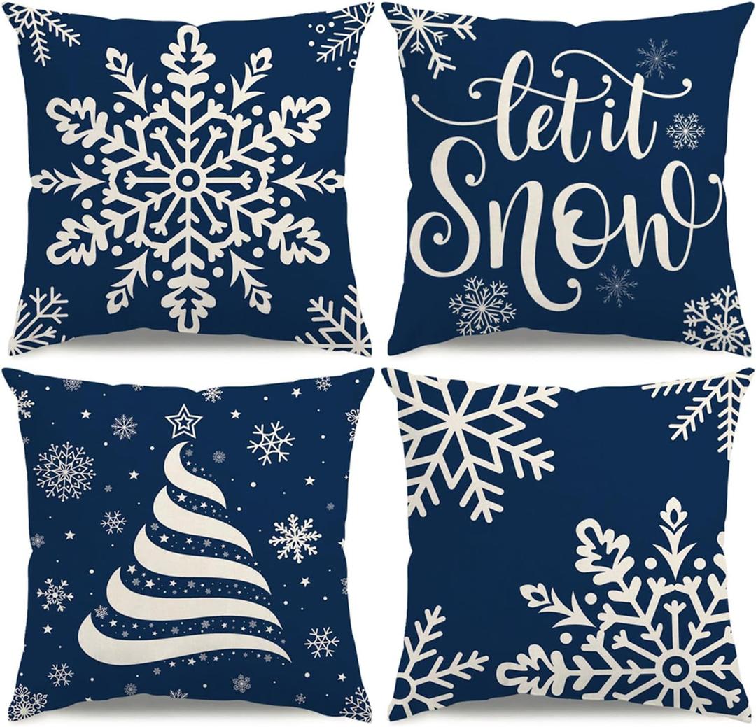 Christmas Pillow Covers 18x18 Blue Christmas Decorations Snowflake Throw Pillow Covers Let it Snow Xmas Tree Winter Holiday Decor Cushion Case for Sofa Couch Set of 4