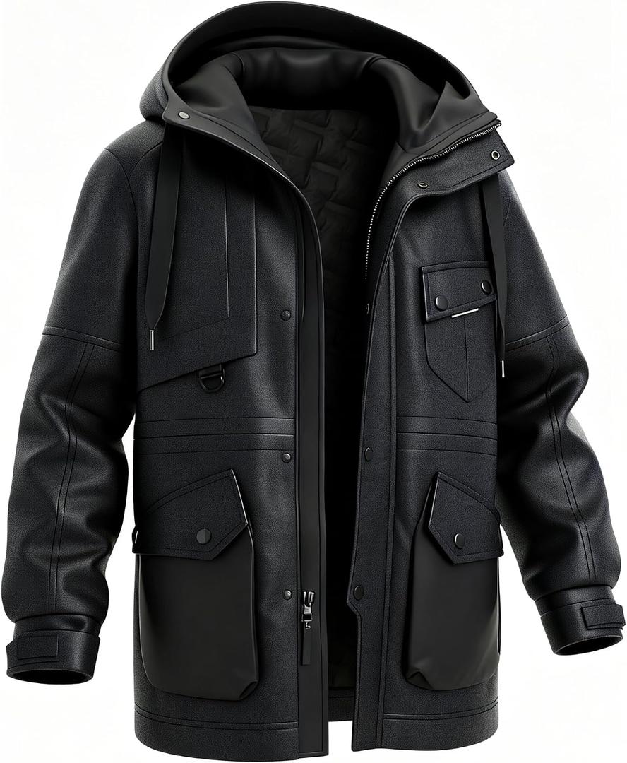 BEST SOUTH Men's Faux Leather Jacket Long Winter Coat Motorcycle Warm Casual Bomber Hood (Black, XXXL)