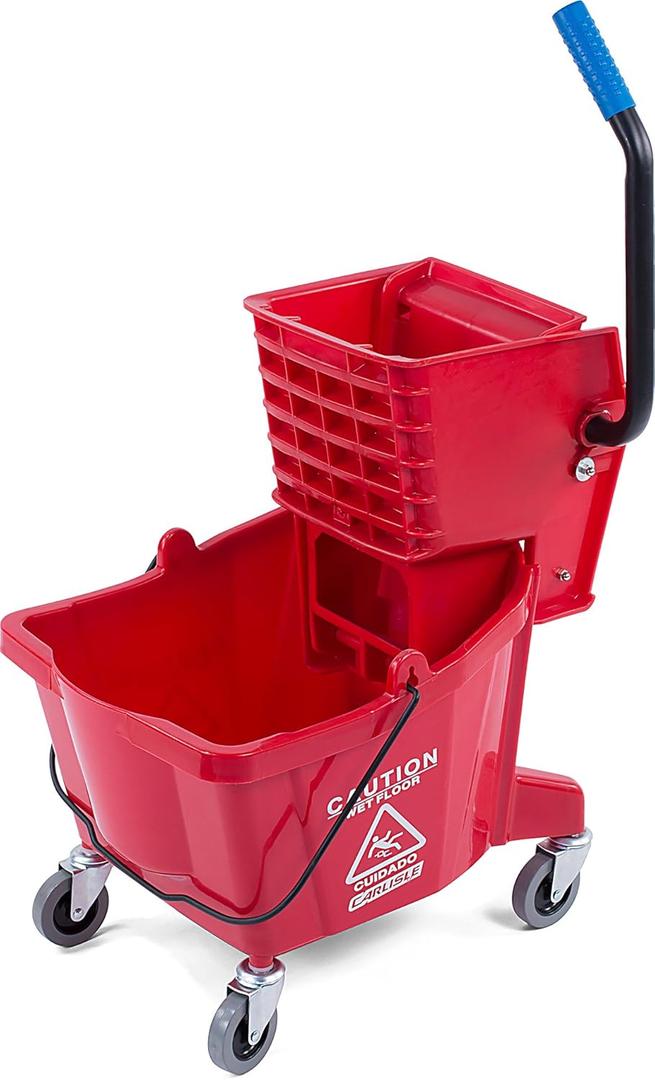 Carlisle FoodService Products 26-Quart Commercial Mop Bucket with Side-Press Wringer, Precision-Molded Polypropylene, Durable Wringer, Bucket with Non-Marking Casters, 18.5 x 16.5 x 23 Inches, Red