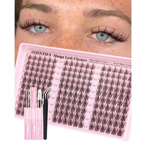Brown Manga Lash Clusters Kit Natural Cluster Eyelash Extensions Kit CD Curl Wispy Fairy Eyelashes Clusters Anime Individual Lashes 180pcs