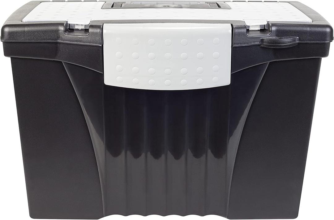 Storex Legal File Box with Organizer Lid – Plastic Office File Storage Box for Letter and Legal Hanging Folders, Obsidian, 1-Count (61510A01C)